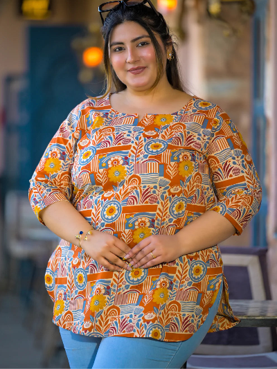 Plus Size Orange Cotton Printed Top