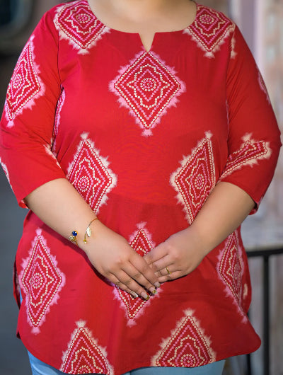 Plus Size Red Cotton Printed Top
