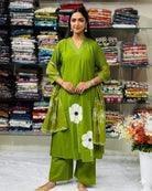 Floral Green embroidery Katha Detailing Cotton Straight Suit Set - BONYHUBSALWAR KAMEEZ