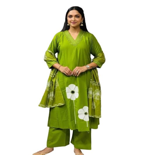 Floral Green embroidery Katha Detailing Cotton Straight Suit Set - BONYHUBSALWAR KAMEEZ