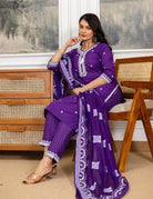 Purple Pure Cotton Embroidered Yoke Straight Suit Set - BONYHUBSALWAR KAMEEZ