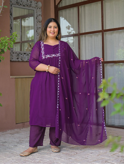 Plus Size Purple Georgette Kurta Dupatta Set
