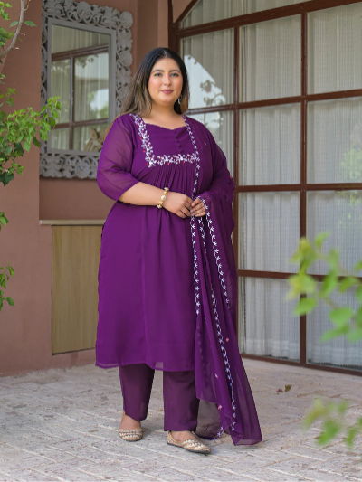 Plus Size Purple Georgette Kurta Dupatta Set