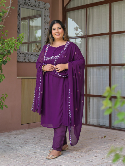 Plus Size Purple Georgette Kurta Dupatta Set