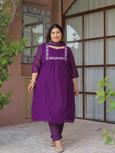 Plus Size Purple Georgette Kurta Dupatta Set