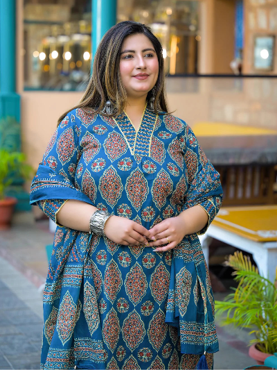 Plus Size Blue Printed Cotton Straight Salwar Suit