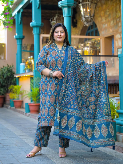 Plus Size Blue Printed Cotton Straight Salwar Suit