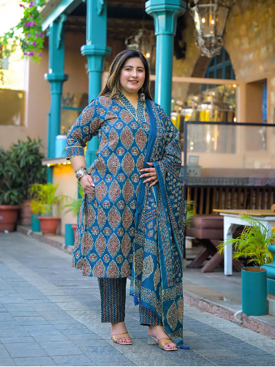 Plus Size Blue Printed Cotton Straight Salwar Suit