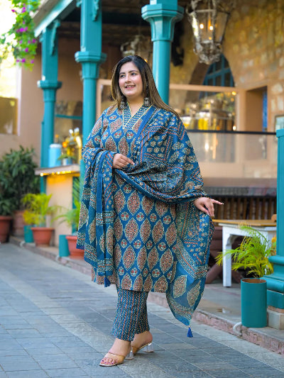 Plus Size Blue Printed Cotton Straight Salwar Suit