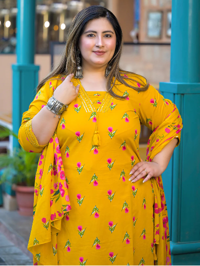 Plus Size Yellow Cotton Floral Straight Salwar Suit