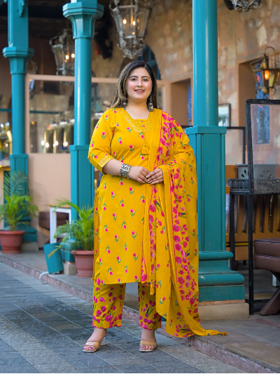 Plus Size Yellow Cotton Floral Straight Salwar Suit