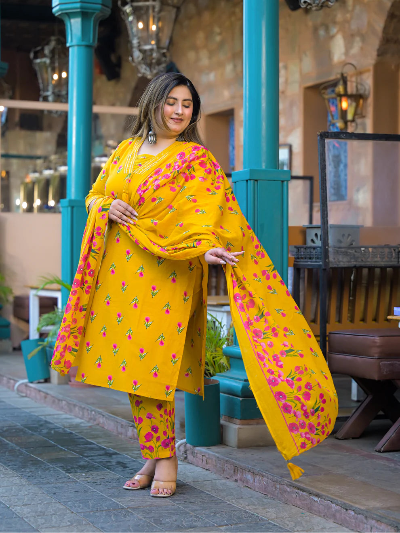 Plus Size Yellow Cotton Floral Straight Salwar Suit