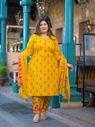 Plus Size Yellow Cotton Floral Straight Salwar Suit