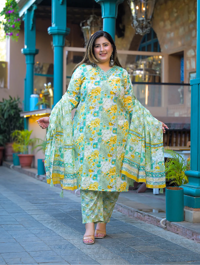 Plus Size Pista Cotton Floral Straight Salwar Suit