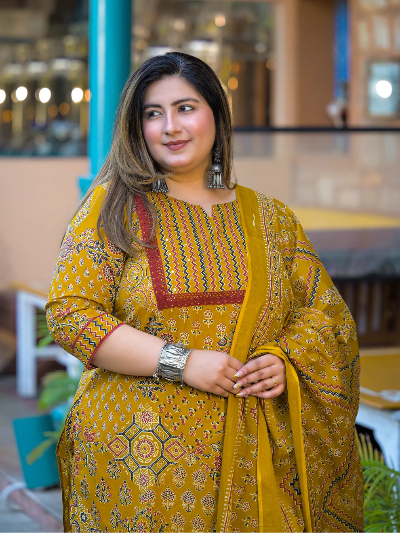 Plus Size Mustard Cotton Straight Salwar Suit