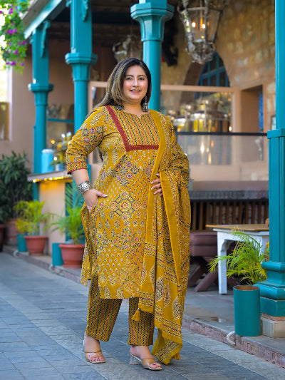 Plus Size Mustard Cotton Straight Salwar Suit