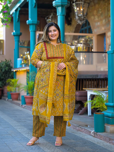 Plus Size Mustard Cotton Straight Salwar Suit