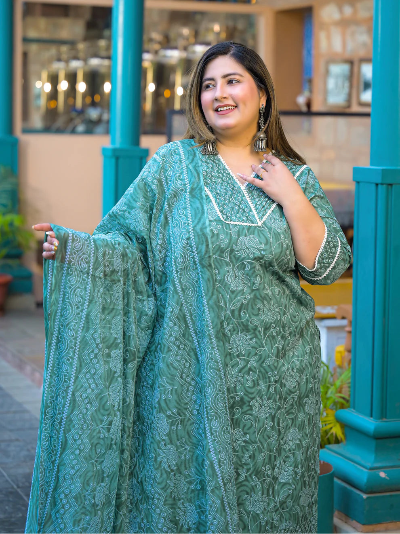 Plus Size Teal Green Cotton Straight Salwar Suit