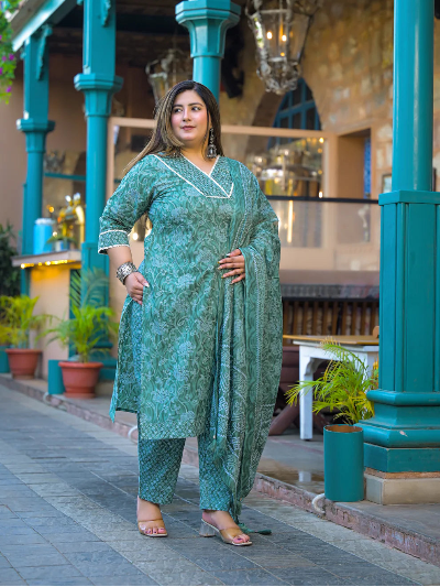 Plus Size Teal Green Cotton Straight Salwar Suit