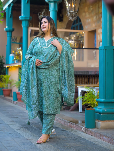 Plus Size Teal Green Cotton Straight Salwar Suit