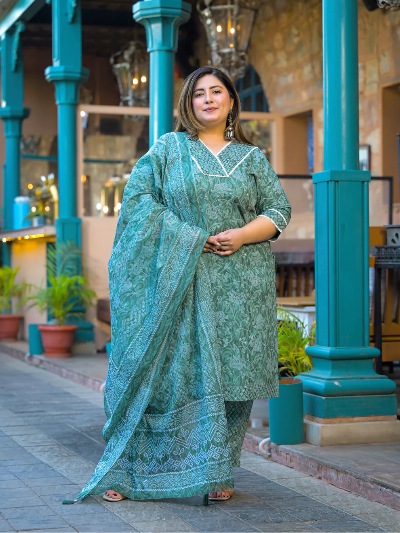 Plus Size Teal Green Cotton Straight Salwar Suit