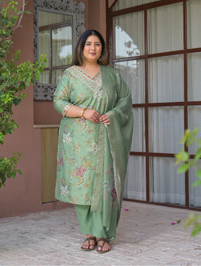 Plus Size Pista Green Embroidered Straight Suit