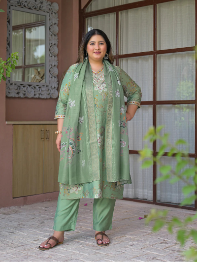 Plus Size Pista Green Embroidered Straight Suit