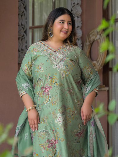 Plus Size Pista Green Embroidered Straight Suit