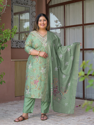Plus Size Pista Green Embroidered Straight Suit