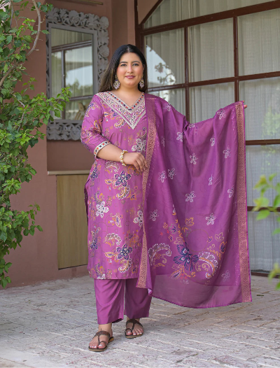 Plus Size Onion Purple Embroidered Kurta Dupatta Set