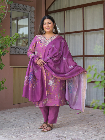 Plus Size Onion Purple Embroidered Kurta Dupatta Set