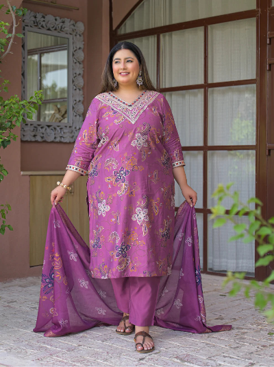Plus Size Onion Purple Embroidered Kurta Dupatta Set