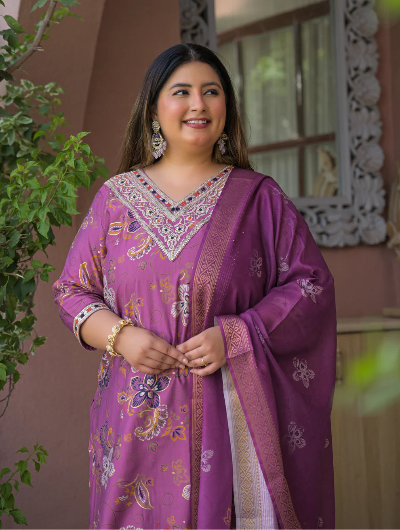 Plus Size Onion Purple Embroidered Kurta Dupatta Set