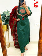 Bottle Green Cotton Handwork Salwar Suit With Red Dupatta - BONYHUBSALWAR KAMEEZ