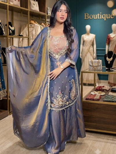 Dusty Steel Blue Embroidered Palazzo Sharara Suit