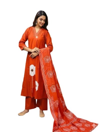 Floral Orange embroidery Katha Detailing Cotton Straight Suit Set - BONYHUBSALWAR KAMEEZ