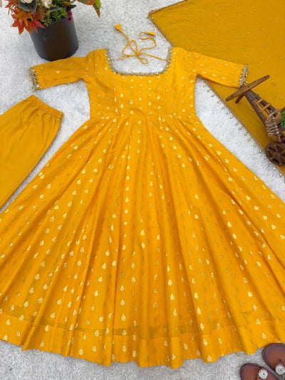 Yellow Chanderi Jacquard Mirror Work Anarkali Suit Set
