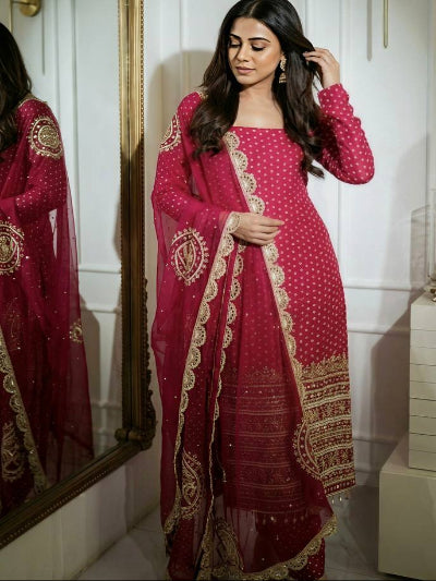 Hot Pink Georgette Bandhani Embroidered Straight Suit For Women