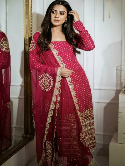 Hot Pink Georgette Bandhani Embroidered Straight Suit For Women