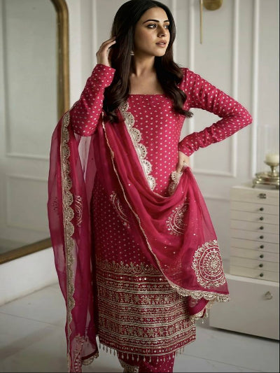Hot Pink Georgette Bandhani Embroidered Straight Suit For Women