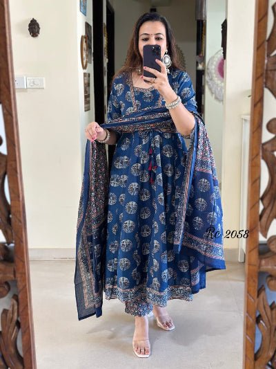 Blue Cotton Angharakha Style Anarkali Suit - BONYHUBSALWAR KAMEEZ