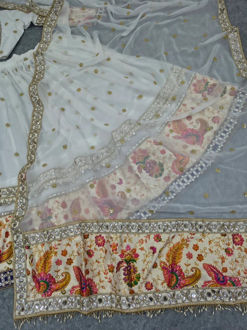 White Georgette Mirror &amp; Sequin Work Lehenga Choli Set