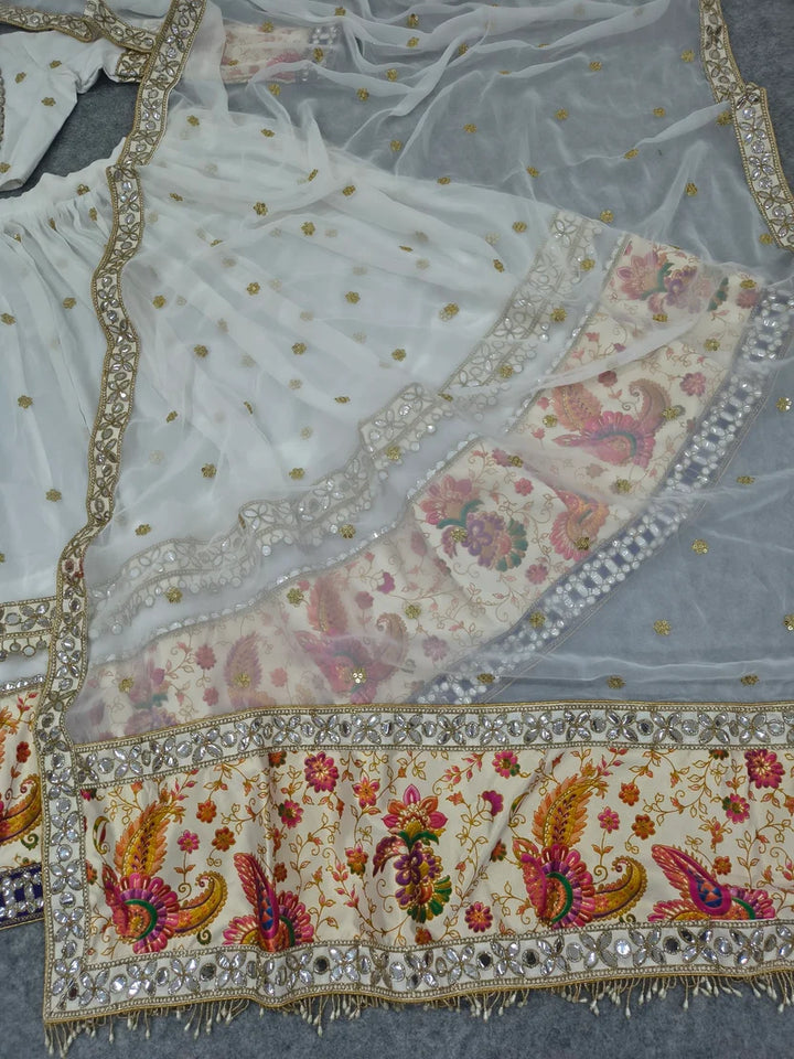 White Georgette Mirror &amp; Sequin Work Lehenga Choli Set