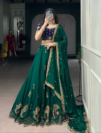 Emerald Green &amp; Blue Embroidered Lehenga Choli Set