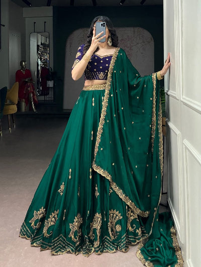 Emerald Green &amp; Blue Embroidered Lehenga Choli Set