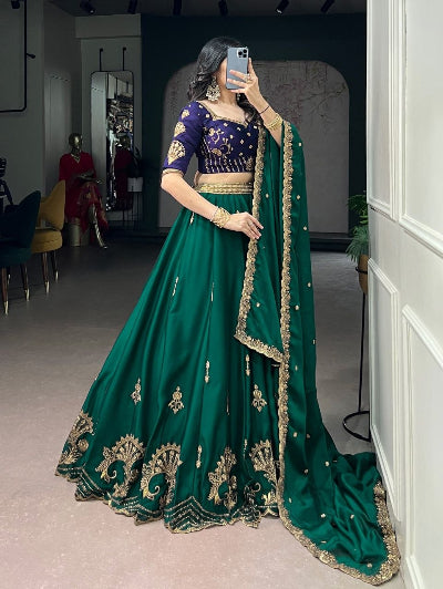 Emerald Green &amp; Blue Embroidered Lehenga Choli Set