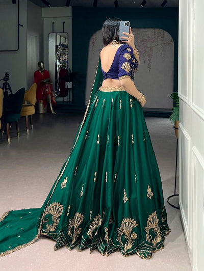 Emerald Green &amp; Blue Embroidered Lehenga Choli Set