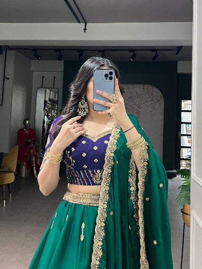 Emerald Green &amp; Blue Embroidered Lehenga Choli Set