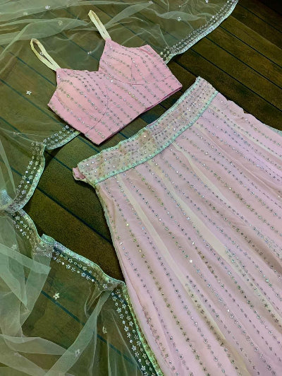 Baby Pink Lehenga Choli with Sequins Work &amp; Net Dupatta