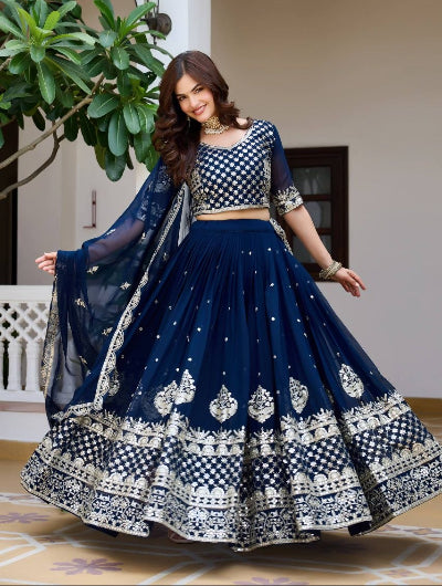 Navy Blue Georgette Embroidery Work Lehenga Choli Set